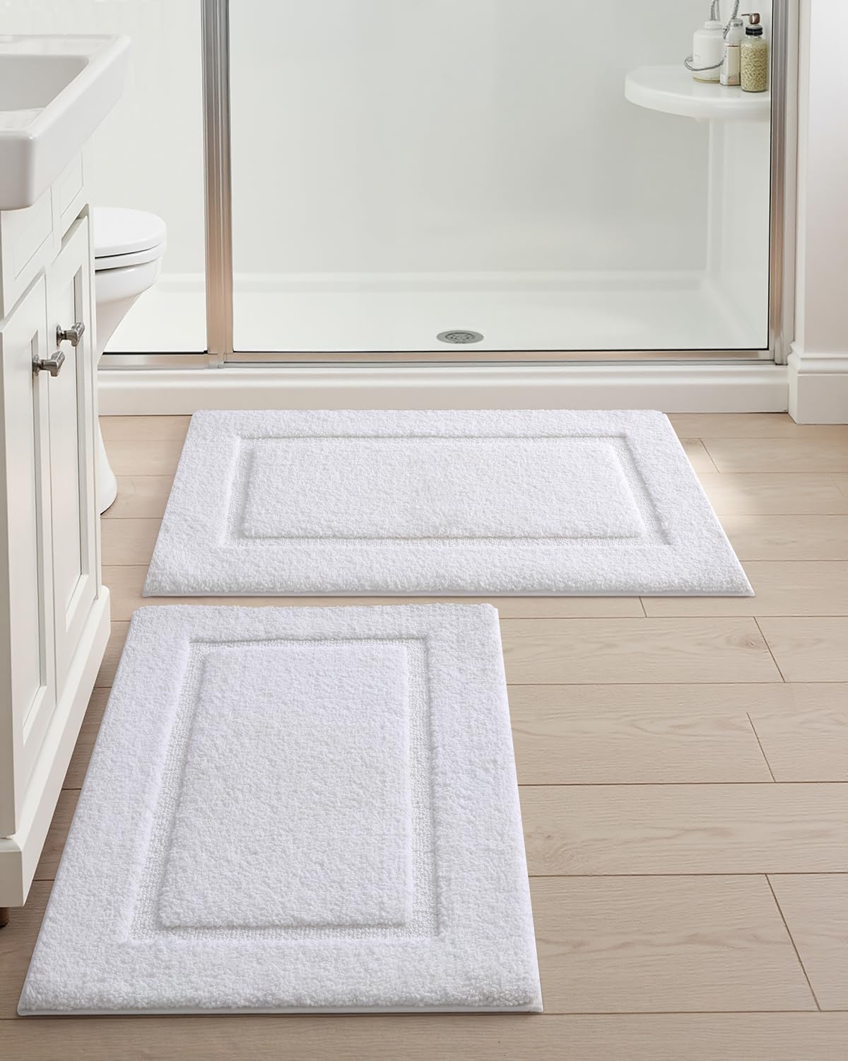 Photo 1 of DEXI Bathroom Rugs Set 2 Piece 24x16, Washable Non Slip Bath Mat for Shower Floor, Absorbent Quick Dry Bathmat with Rubber Backing, Ultra Soft Plush Carpet for Tub, White