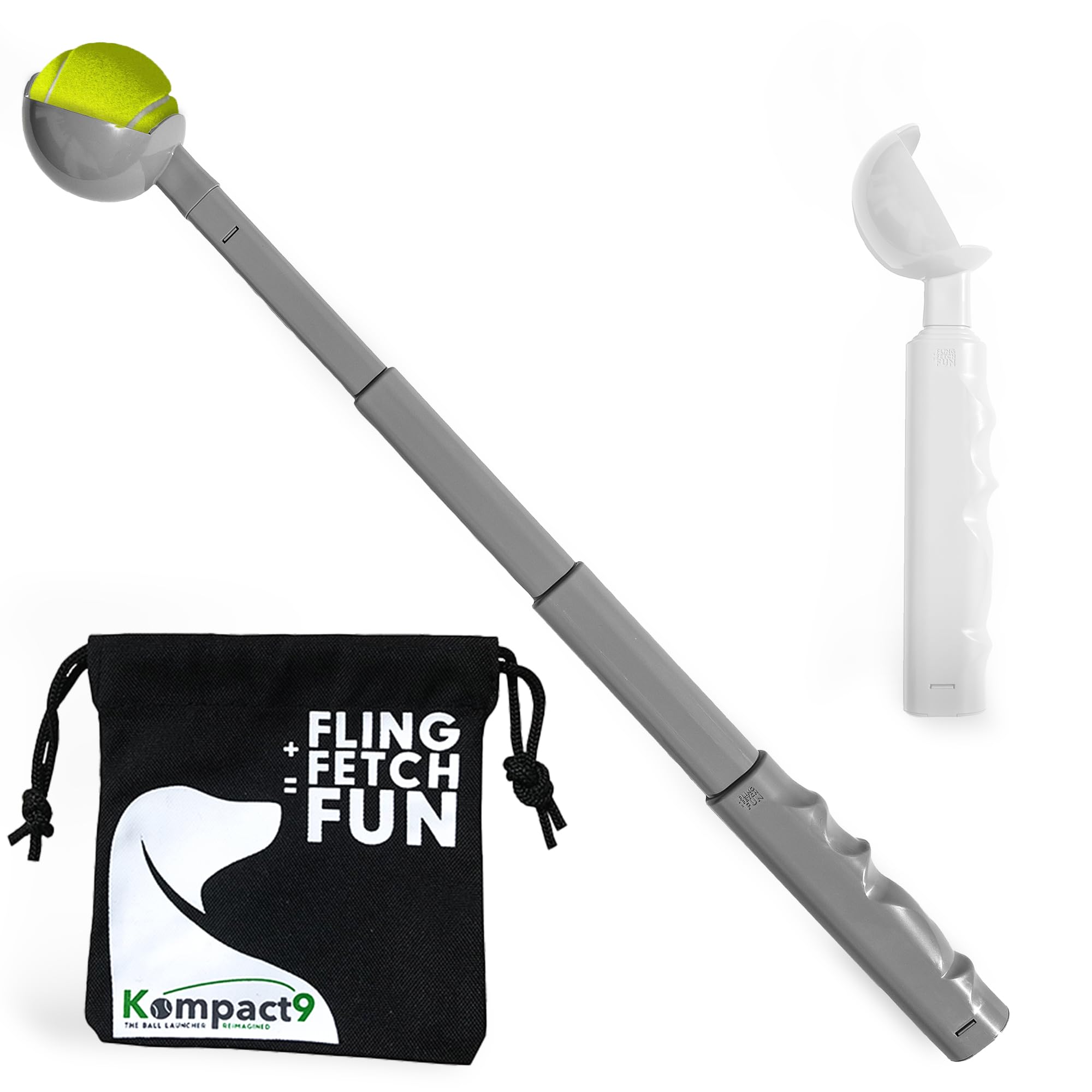 Kompact9 - Retractable, Pocket Sized Dog Ball Thrower, Made From Recycled Plastic, UK Designed and Manufactured, Fits a Standard Tennis Ball (Grey)