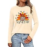 Tewmeu Thanksgiving Long Sleeve Shirts for Women Funny Gobble Turkey Graphic Tee Fall Thanksgiving Outfit