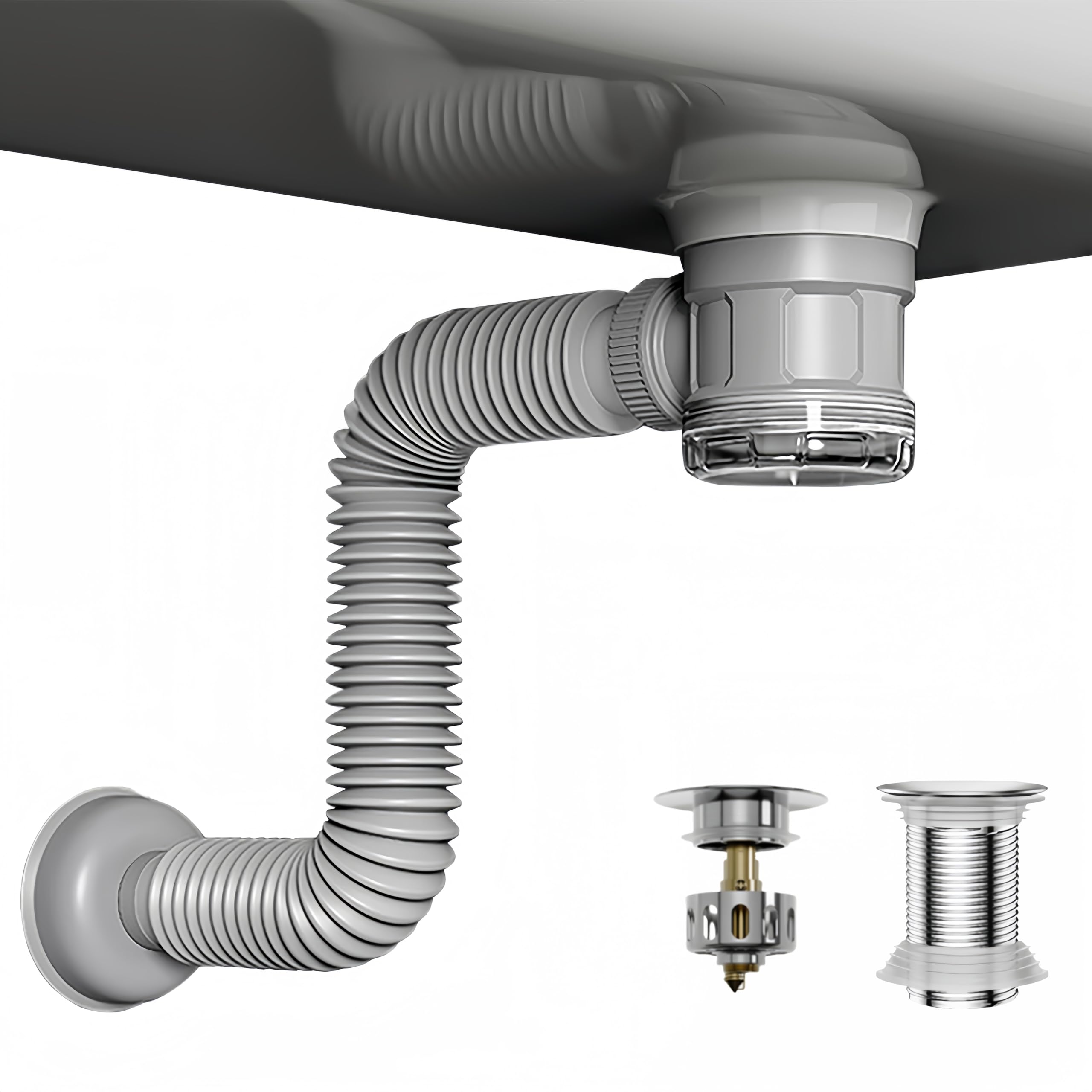 Photo 1 of Bathroom Sink Drain Kit with Flexible Expandable Pipe: Odor-Free & Backflow-Preventing, Space-Saving Design without a P-trap, For 1-1/4'' & 1-1/2'' Drain Hole (Chrome, Without Overflow)