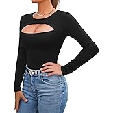 Afibi Women's Cutout Tops Basic Long Sleeve Round Neck Slim Fit T-Shirts