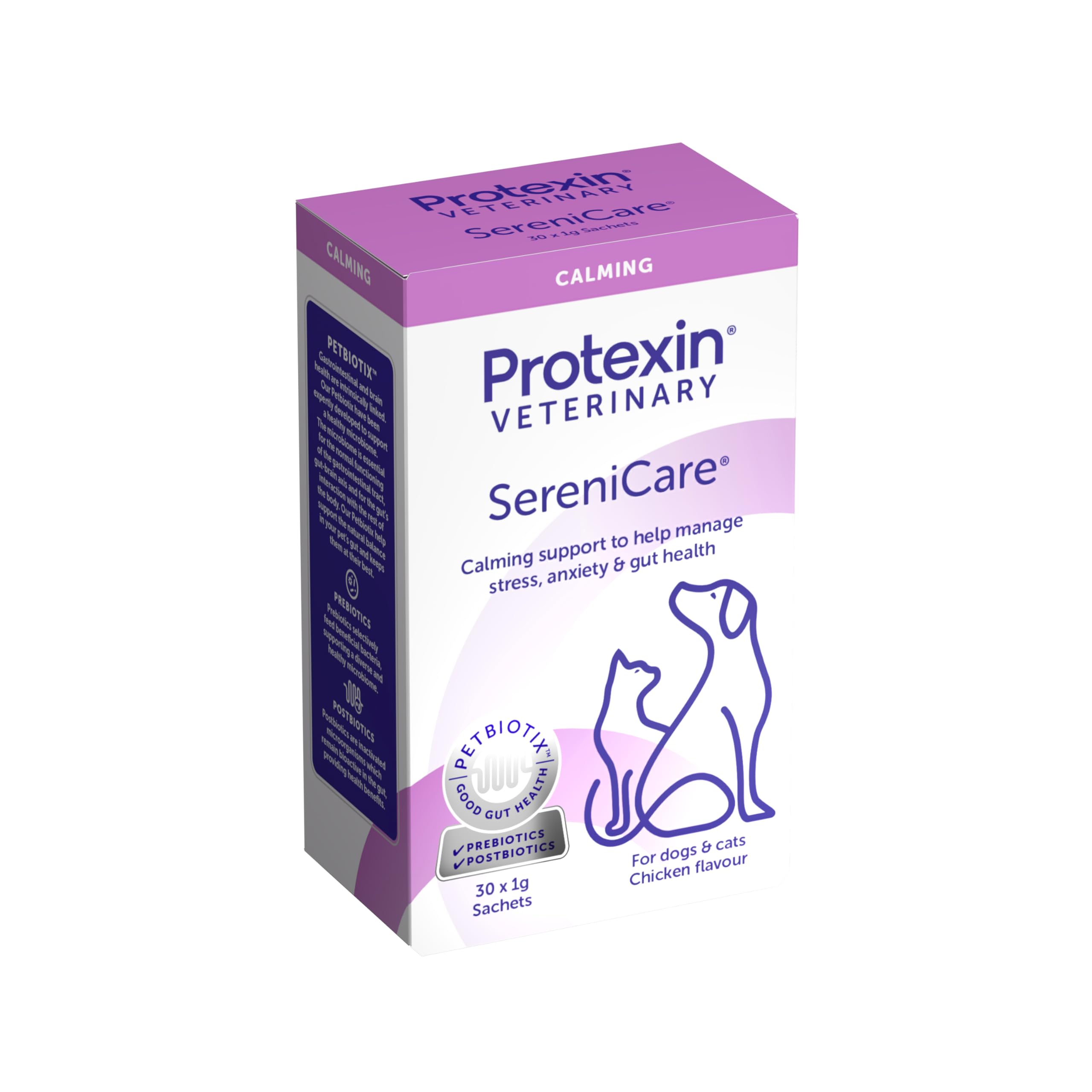 Protexin Veterinary SereniCare Calming Supplement for Dogs & Cats – Daily Sachets for Stress, Separation Anxiety, Fireworks & Travel – Prebiotics, Postbiotics, Peptides & L-Tryptophan – Chicken Flavor