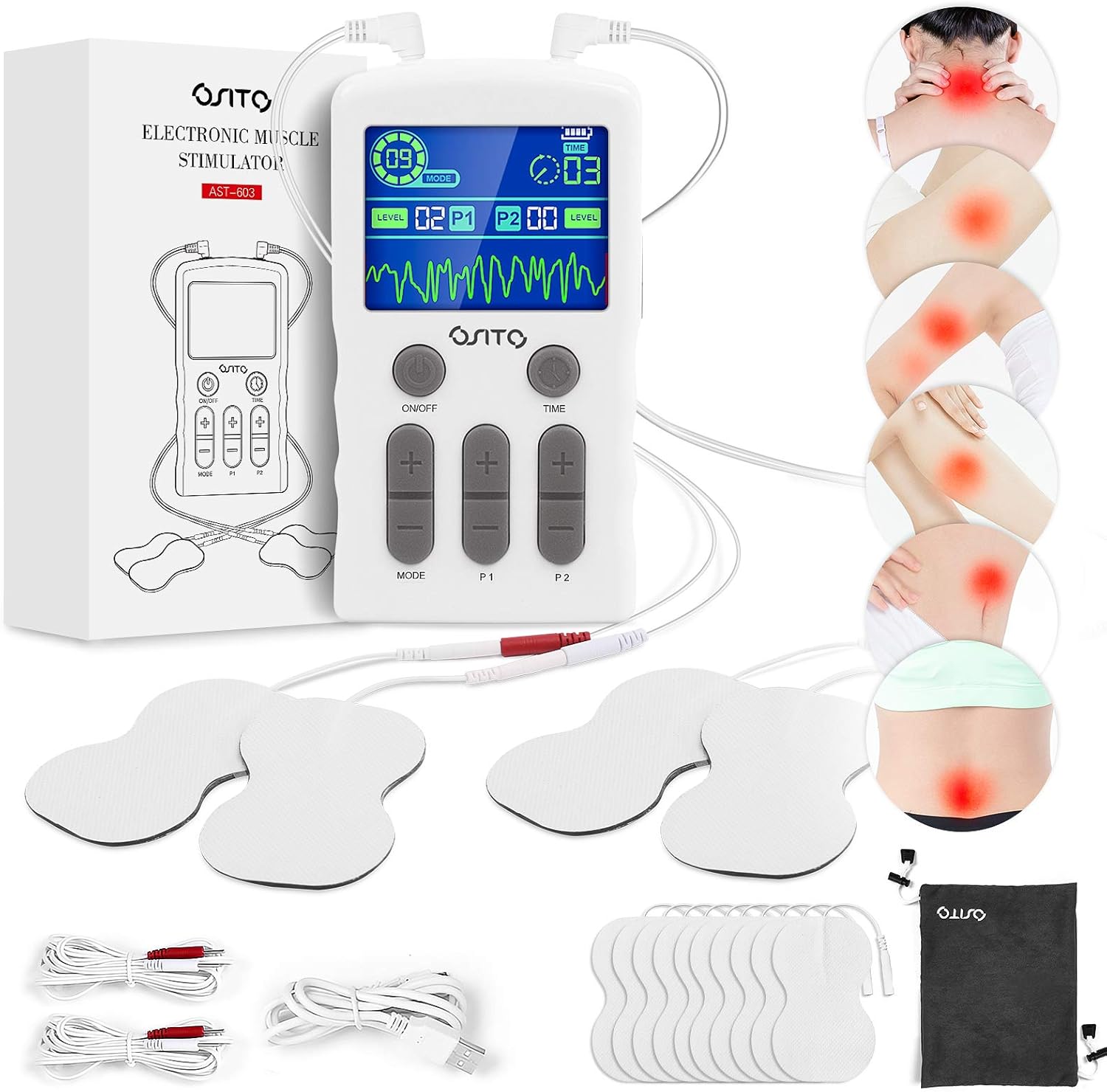 TENS Unit Muscle Stimulator OSITO Dual Channel Electric Pulse Massager with Color Display TENS Machine Muscle Therapy 25-Mode 50-Intensity 10 Electrode Pads for Pain Relief: Health & Personal Care