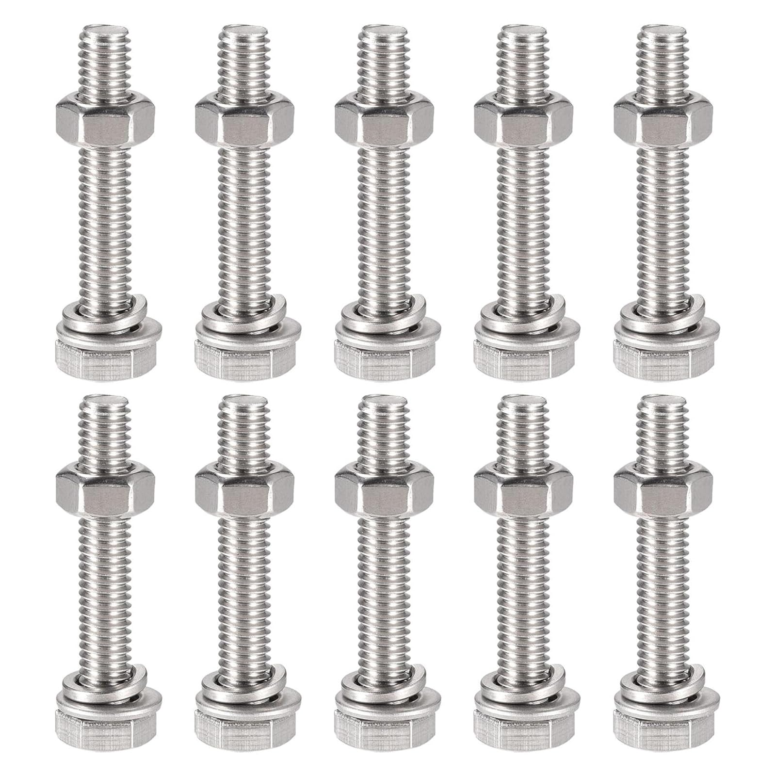 Boxonly M6x35mm Hex Head Screws Bolts, Nuts, Flat & Lock Washers Kits, 304 Stainless Steel Fully Thread Hexagon Bolts 10 Sets
