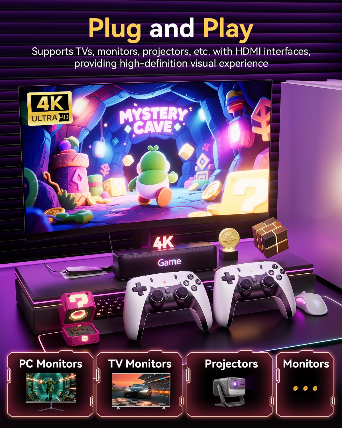 Retro Gaming Console, 20,000+ Retro Game Stick, 23 Emulators, 4K HD TV Game Stick, Built-in Classic Video Games, Plug & Play Game Console for TV with 2 Wireless Controllers