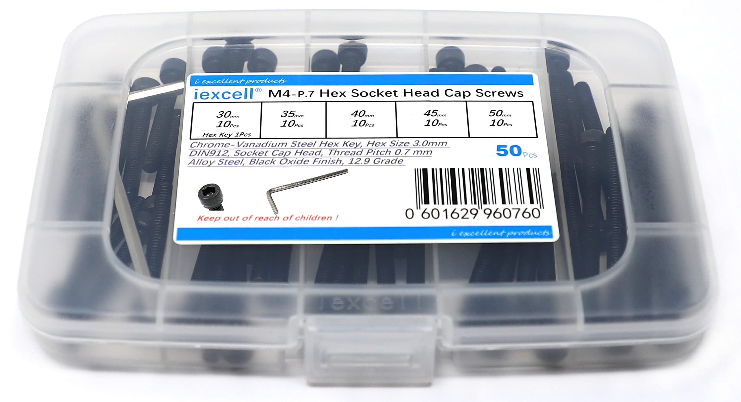 iexcell 50 Pcs Metric M4 x 30/35/40/45/50 Alloy Steel 12.9 Grade Hex Socket Head Cap Screws Bolts Assortment Kit, Black Oxide Finish