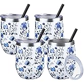 12 oz Insulated Wine Tumbler with Lid and Straw,Stainless Steel Stemless Wine Tumbler Glasses Double Wall Vacuum Wine Cups Tumbler Bulk for Coffee,Cocktail,Office (Blue and White Porcelain,4)