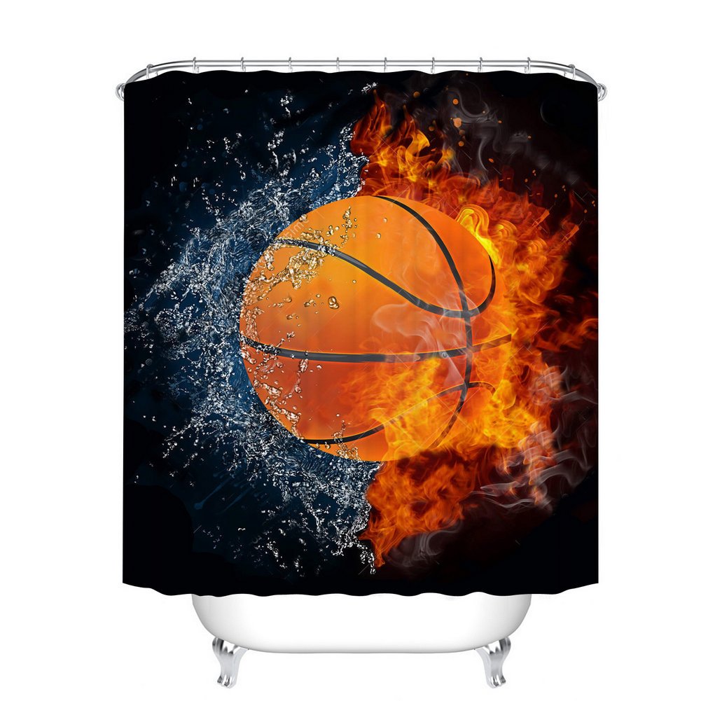 Fangkun Shower Curtain Decor Set - Basketball Ball on Fire and Water Flame Splashing Desgin Bath Curtains - Polyester Fabric Waterproof Curtains - 12pcs Shower Hooks - 72 x 72 inches