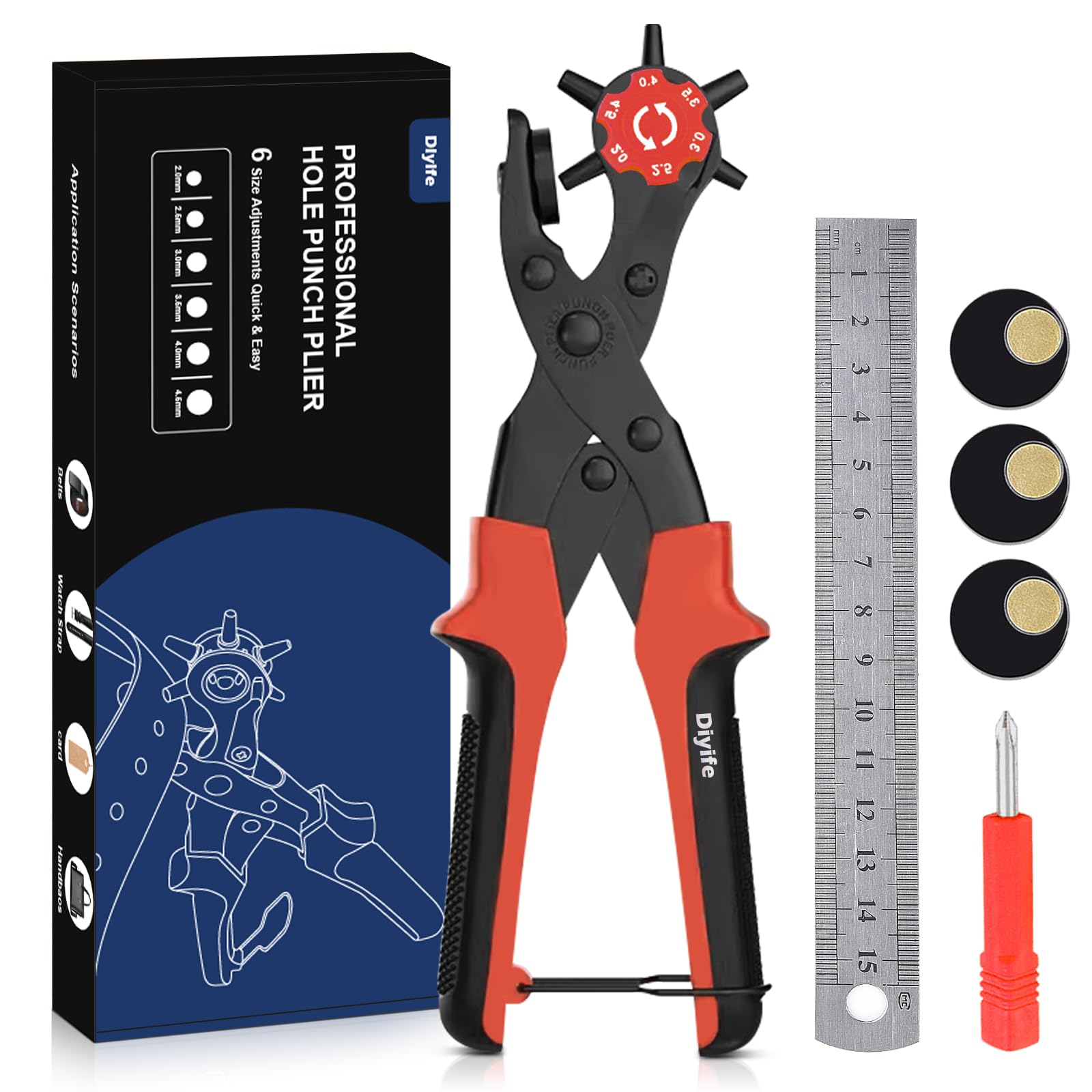 Leather Hole Punch, [Upgraded Version][Perfect Full Set] Diyife Belt Puncher, Heavy Duty Revolving Plier Tool with 2 Extra Plates and Ruler, Multi Sized for Crafts, Card, Rubber, etc, Red