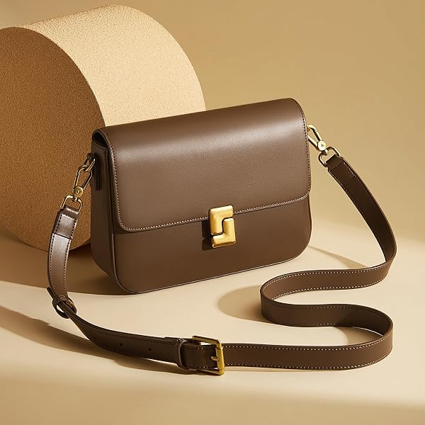 FOXLOVER CLASSIC LEATHER CROSSBODY SHOULDER BAG WITH GOLD-TONE BUCKLE-ADJUSTABLE STRAP ELEGANT PURSE, BROWN