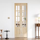 Roymelo Bifold Doors for 30"&times;80" Opening, Clear Glass French Interior Folding Barn Door with Concealed Hardware Kit Included, Spruce Wood Support DIY Dyeing, Preassembled Door, Save Space