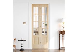 Roymelo Bifold Doors for 28"×80" Opening, Clear Glass French Interior Folding Barn Door with Concealed Hardware Kit Included, Spruce Wood Support DIY Dyeing, Preassembled Door, Save Space