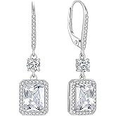 FJ Princess Cut Dangle Drop Earrings 925 Sterling Silver Square Halo Leverback Earrings Birthstone Jewelry for Women