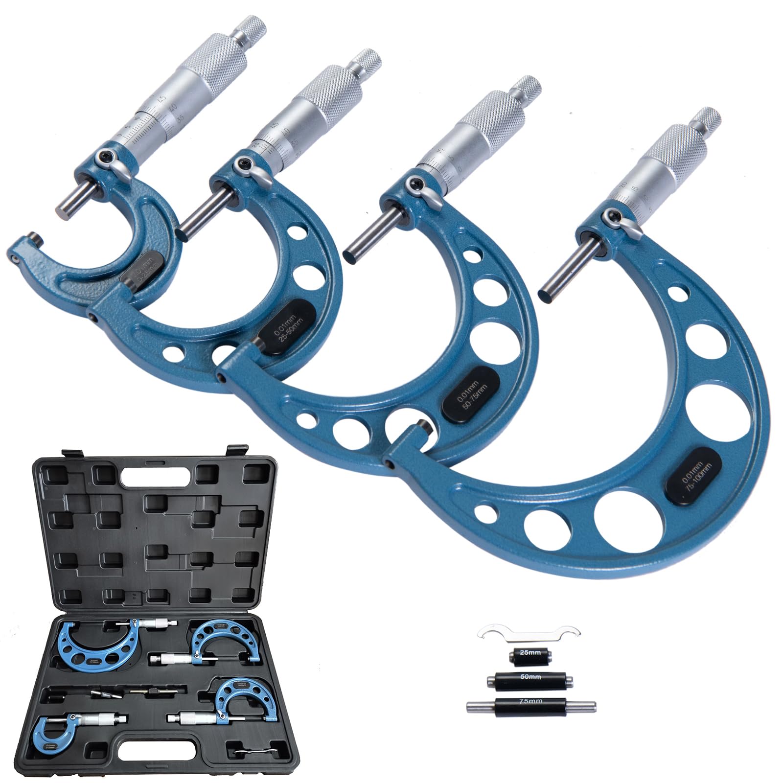 Beslands External Micrometer Set of 4, Outside Metric Micrometer(0-25mm;25-50mm;50-75mm;75-100mm), 0.01mm Graduation Precision Measuring Calipers