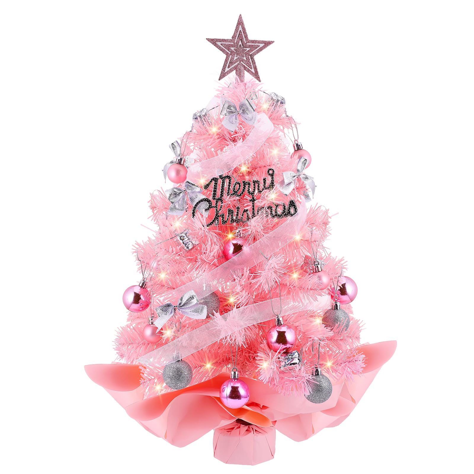 Photo 1 of Small Pink Christmas Tree, 24" Mini Pink Christmas Tree, Small Christmas Tree with Light, Table top Christmas Tree for Desk Table Bedroom Kids Room, Small Xmas Tree Christmas Desk Decorations