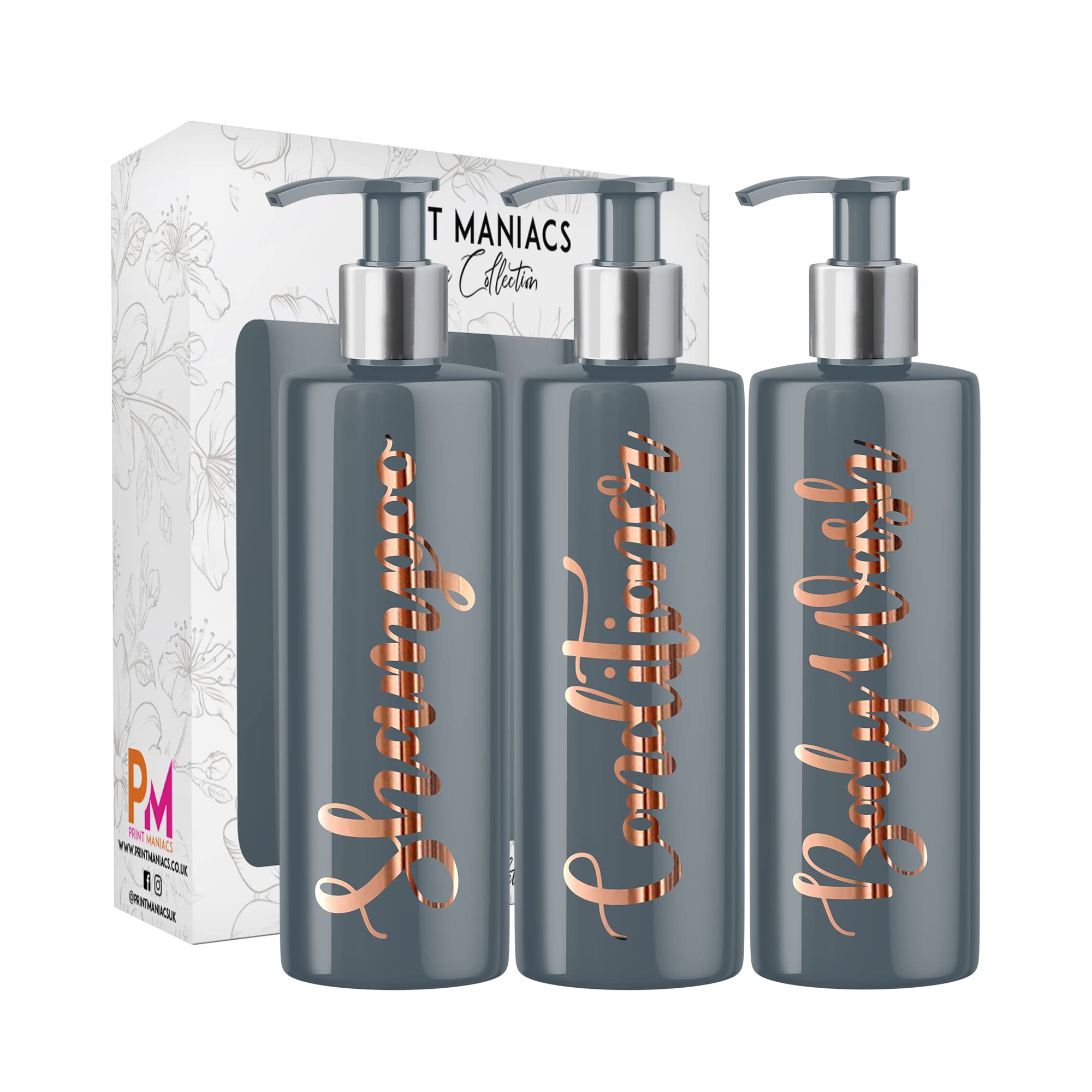 Print Maniacs 3 Set Mrs Hinch Inspired Grey Personalised 500ml Dispenser Pump Bottles Shampoo Conditioner Body Wash (Copper)