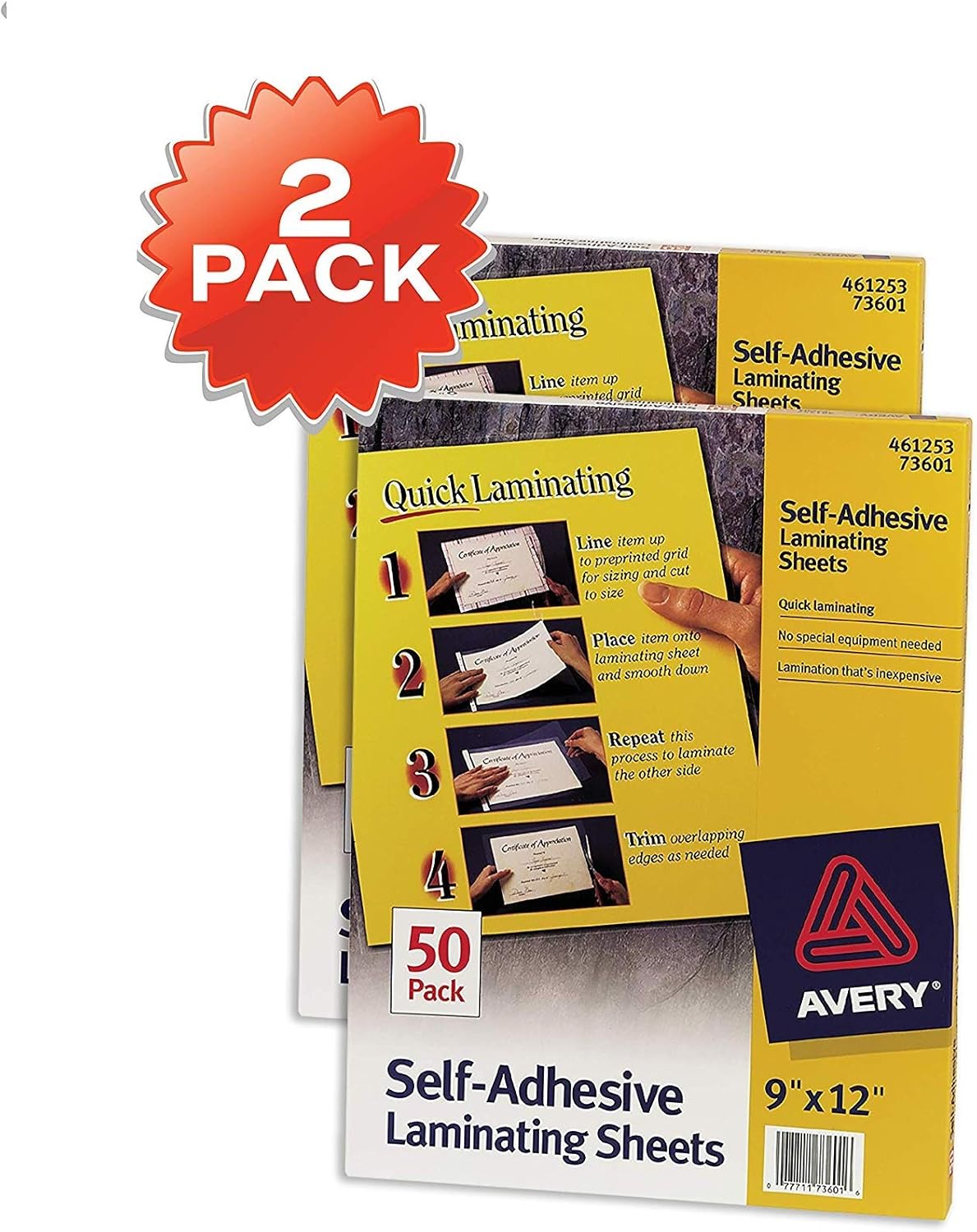 Avery Self-Adhesive Laminating Sheets, 9 x 12, Box of 50, Multi Pack of 2 (73601)