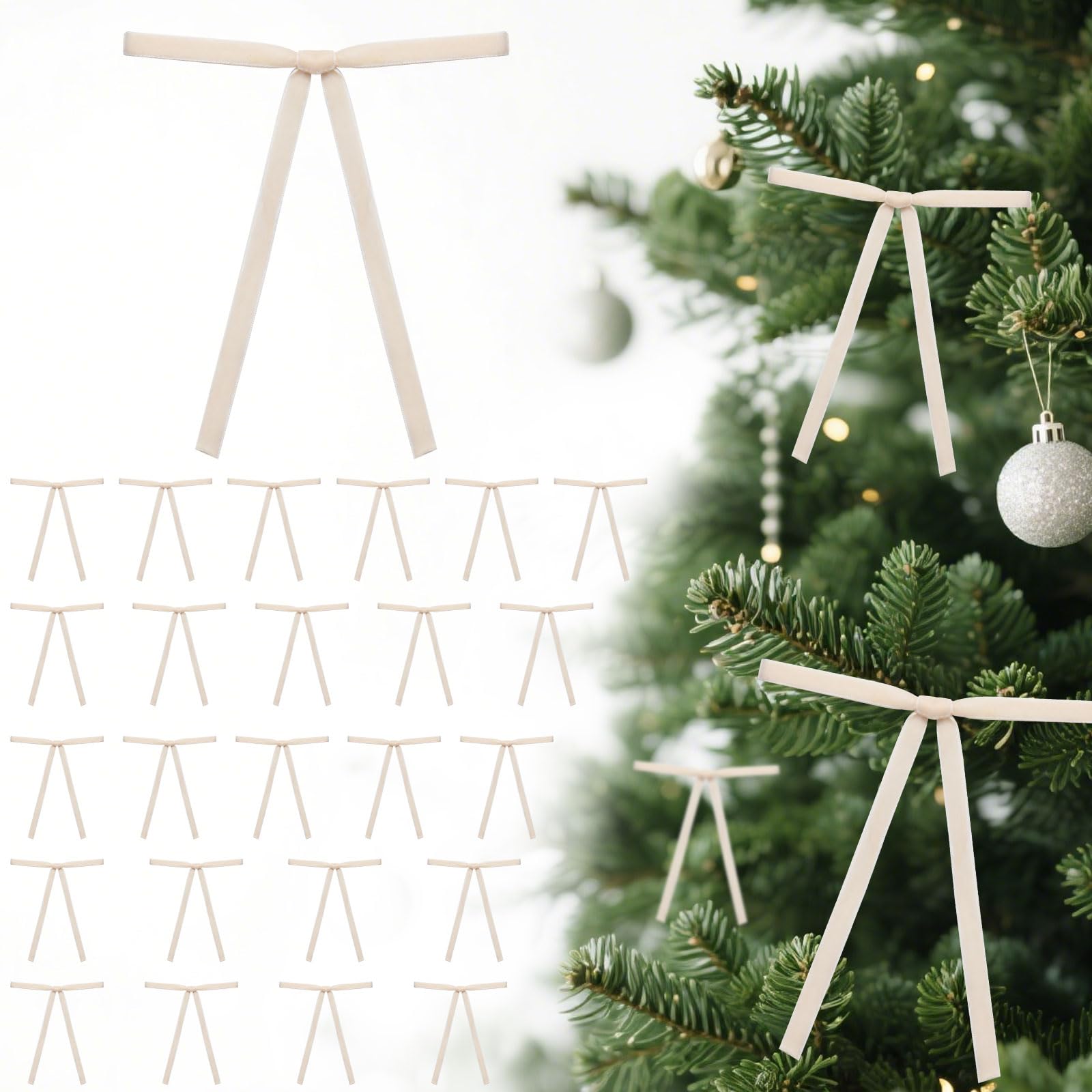 Photo 1 of 24 PCS Christmas Champagne Bows for Trees, Xmas Holiday Craft Bows Milk White Velvet Bow-Tie Vintage Tree Topper Bows Ornaments for Front Door Christmas Decorations