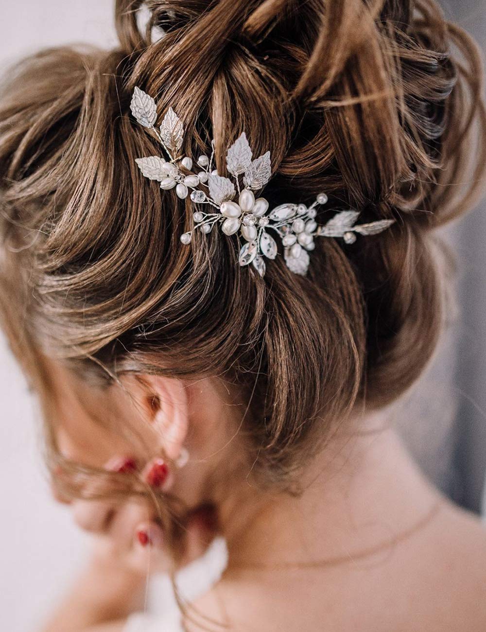 BERYUAN Women Rhinestone Crystal Hair Vine Piece Silver Leaf Pearl Flower Hair Comb Clip Wedding Hair Accessory Party Headpiece(Silver)