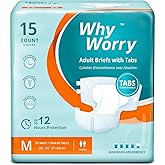 WhyWorry Adult Diapers with Tabs, Disposable Incontinence Briefs for Women & Men with Maximum Absorbency, Adult Briefs for Incontinence Overnight, Odor Control, Unisex, Medium, 15 Count