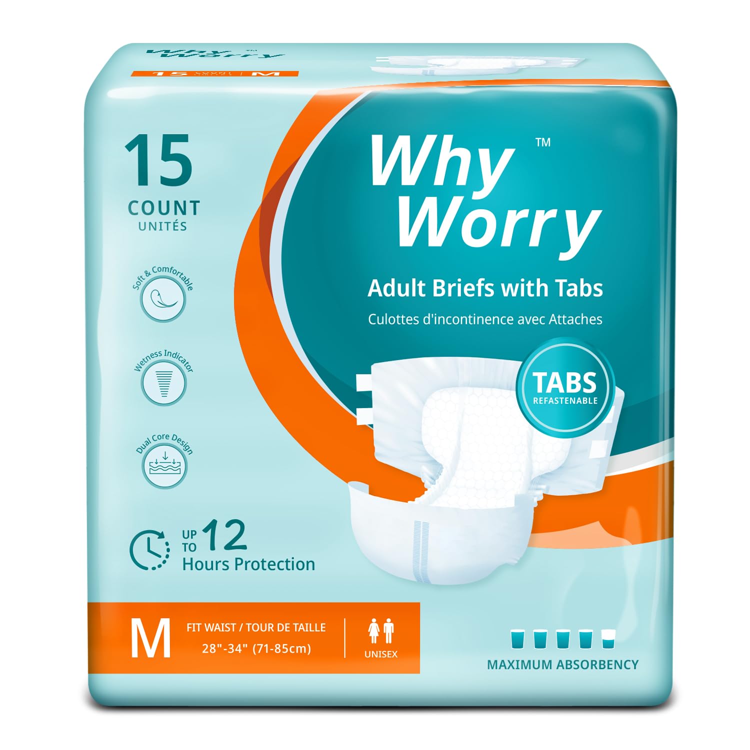 Photo 1 of WhyWorry Adult Diapers with Tabs, Disposable Incontinence Briefs for Women & Men with Maximum Absorbency, Adult Briefs for Incontinence Overnight, Odor Control, Unisex, Medium, 15 Count