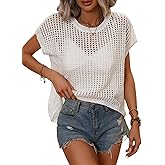Womens Spring Tops 2026 Summer Shirts Crochet Hollow Out Cap Sleeve Sweater Pullover Cute Beach Vacation Clothes Cute Tops