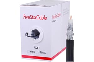 FiveStarCable RG6 500ft Quad Shielded Coaxial Cable - Easy Pull Box, Black & White, ETL, CL2 Rated, 18 AWG, 75 Ohm, for HDTV, Satellite, Cable TV, Internet, and CCTV Installations (Black, 500 Ft)