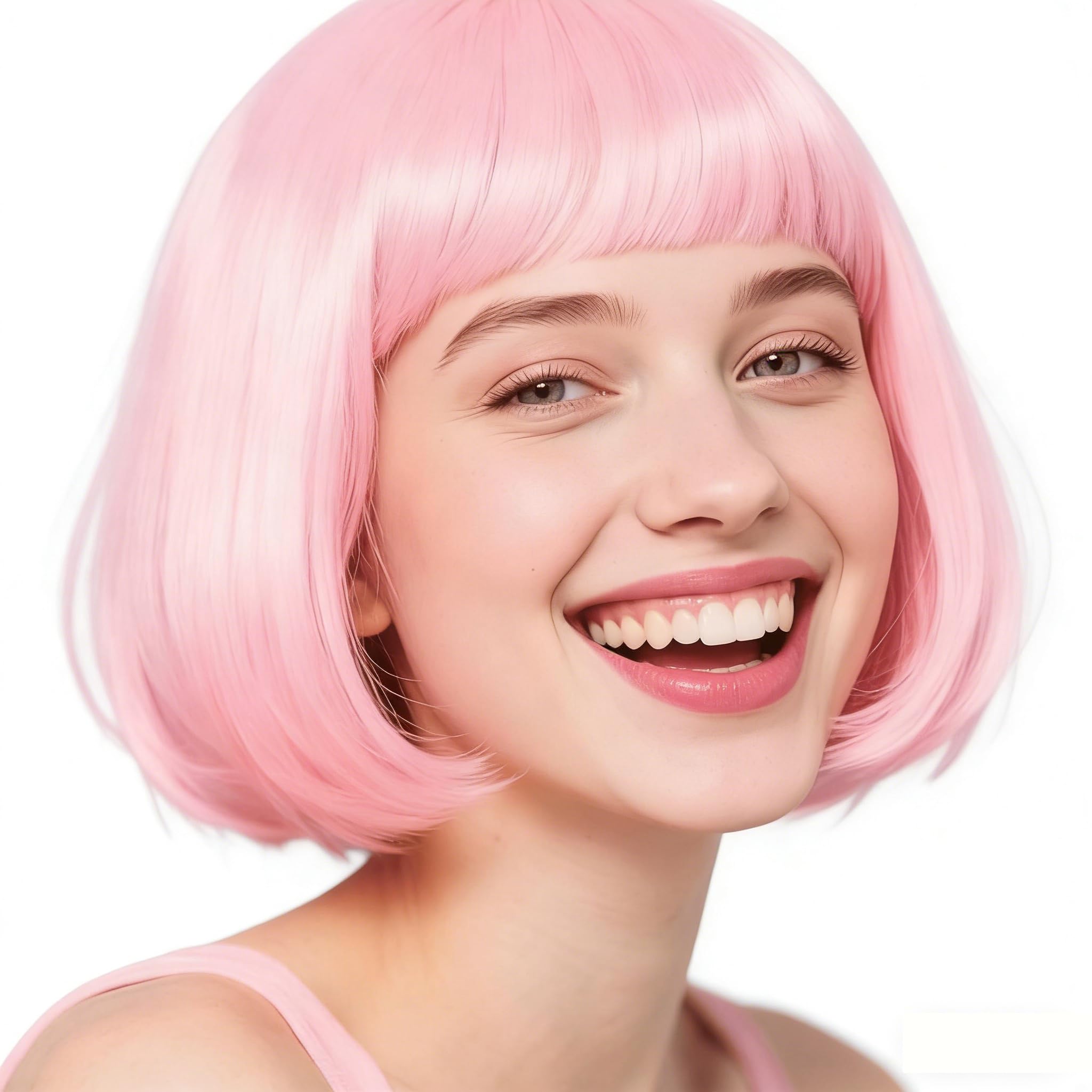Creamily Short Bob Pink Wig with Bangs, Colorful Wig for Halloween Daily Cosplay & Party Use, Natural Hair Straight Synthetic Cosplay Party Wigs for Women 10 Inches