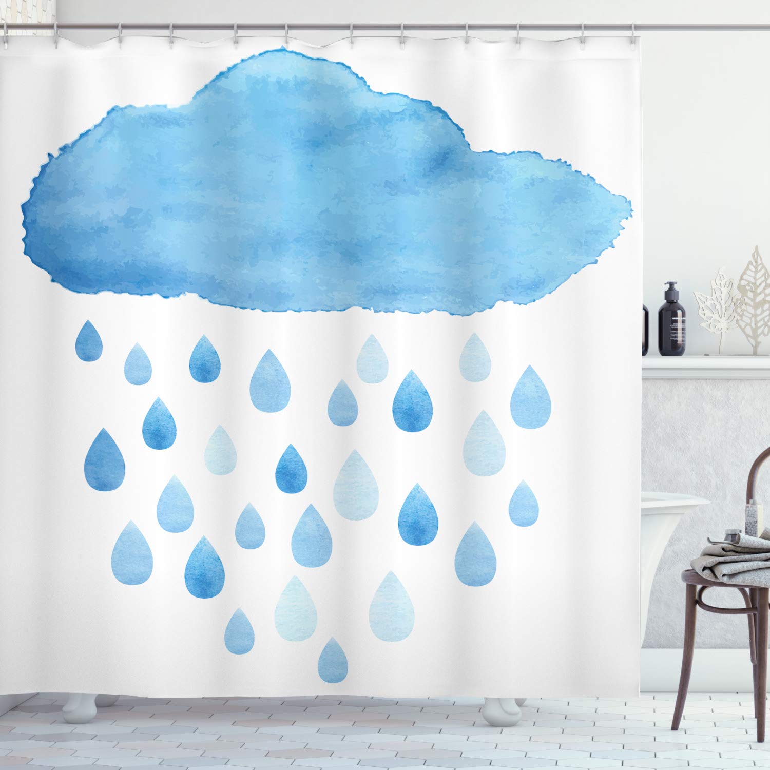 ABAKUHAUS Nature Shower Curtain, Rain Drops and Cloud in Watercolor Painting Effect Nimbus Fun Art Illustration, Cloth Fabric Bathroom Decor Set with Hooks, 86 Inches Extra Long, Blue White