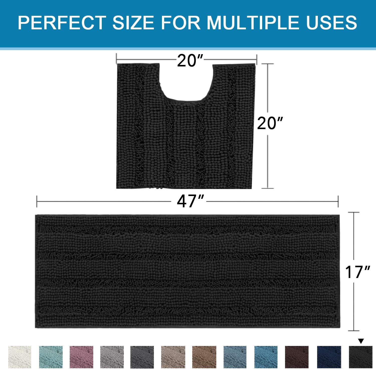 Bathroom Rugs Bath Mats Striped Shag Chenille Bathroom Rug Toilet Sets Non Slip Water-Absorbent Dry Fast Soft Microfiber Bath Contour Mat(47"x 17" and 20" x 20" U Shape, Black): Home & Kitchen