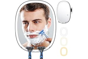 Benbilry LED Shower Mirror Fogless for Shaving with 3 Colors Dimmable Lights, 2 Razor Hangers, No-Drilling Wall-Mounted, 360° Rotation, Shatterproof & Waterproof, Bathroom Mirror for Men and Women
