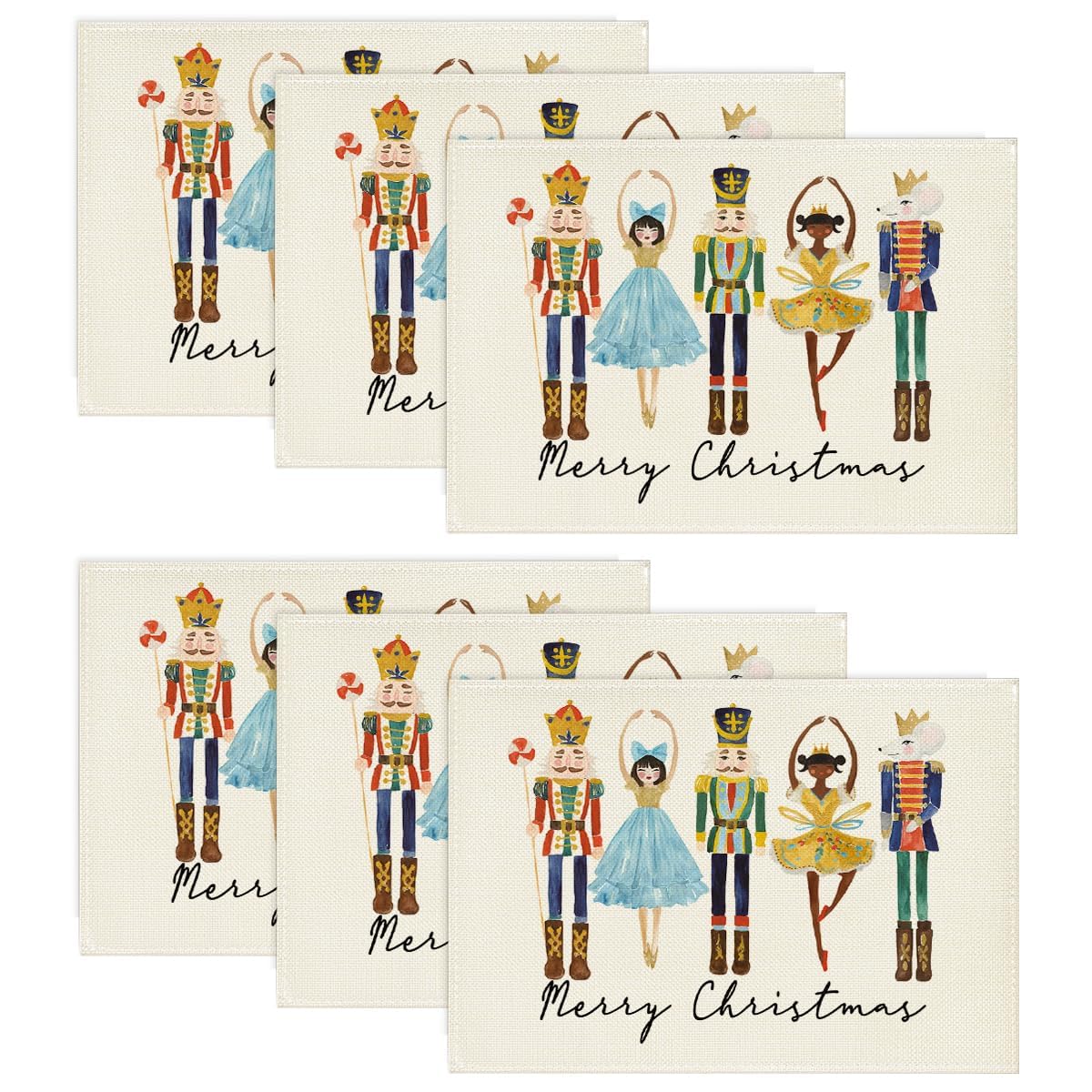 Artoid Mode Nutcracker Merry Christmas Placemats Set of 6, 30 x 45cm Seasonal Winter Merry Xmas Holiday Vintage Washable Table Mats