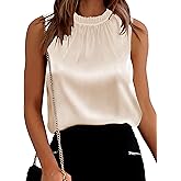 SimpleFun Womens Silk Satin Tank Tops Business Casual Ruffle Trim Mock Neck Sleeveless Summer Blouses Shirts