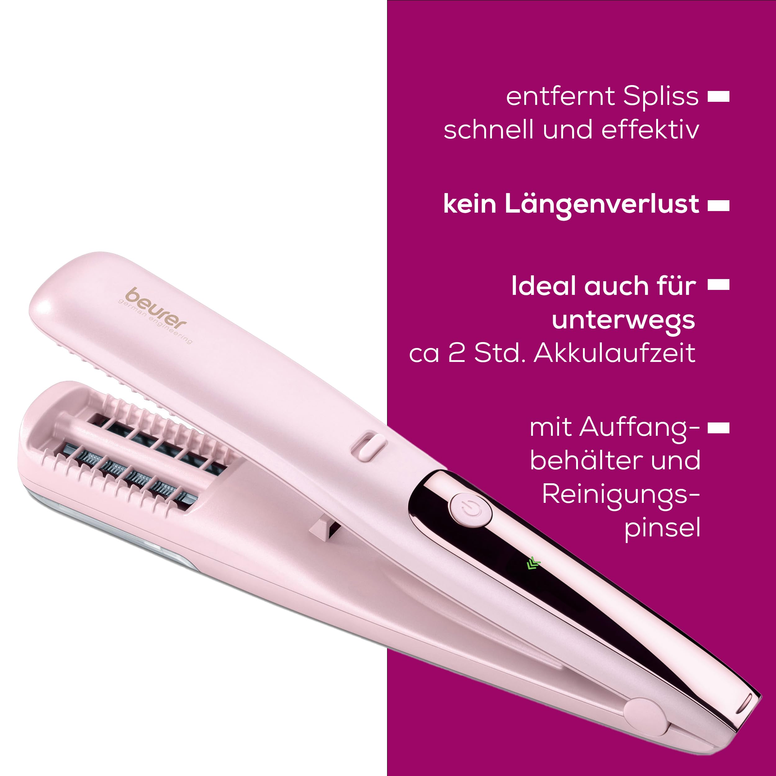 Beurer HT 22 Split End Remover, Removes Split Ends and Broken Hair Ends Quickly and Effectively, No Length Loss for Healthy Hair, with LED Display, 2 Hours Battery Life, Pink