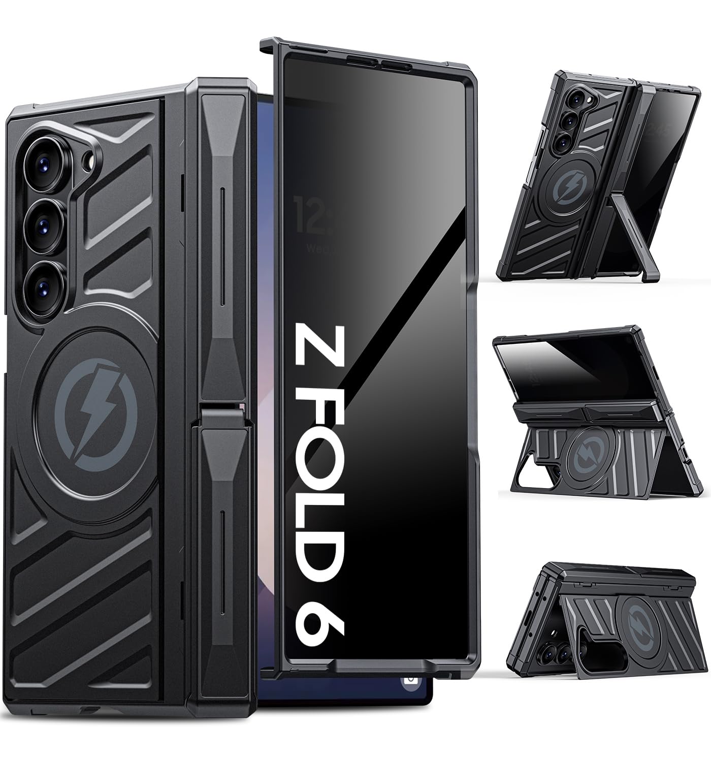 LEIAU Magnetic for Samsung Z-Fold-6 Case: Armor Phone Case [Compatible with MagSafe][Privacy Screen Protector][Hinge Protection][Dual Kickstand] Shockproof TPU+PC Cover for zfold 6 5G 2024 Black