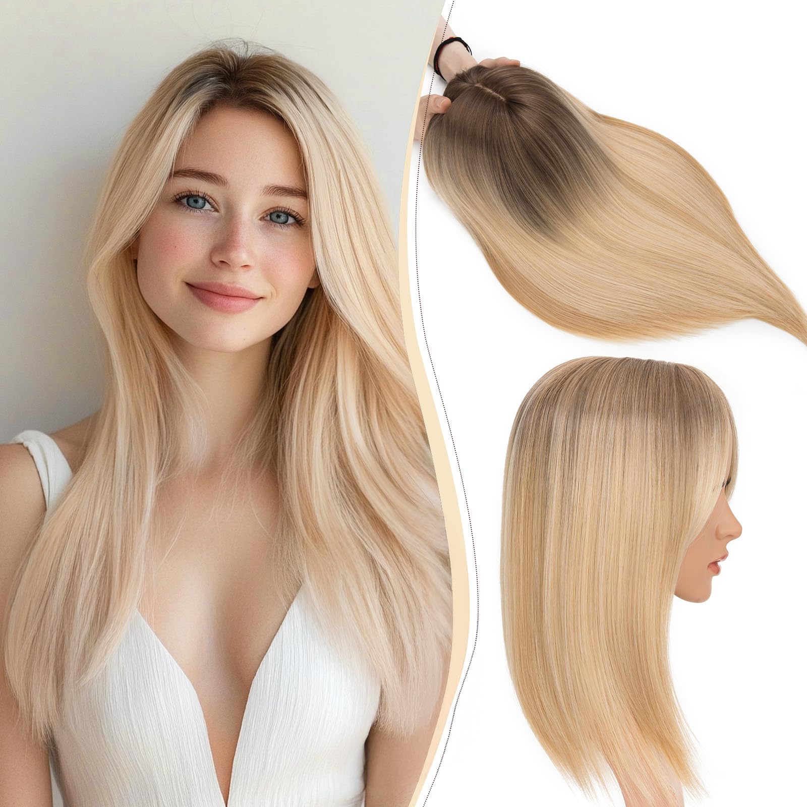 Benehair Hair Toppers for Women 14 Inch Hair Topper for Thinning Hair Clip in Fringe Hair Extensions with 4 Clips Hair Pieces for Women with Grey Hair Hair Loss(Ash Brown to Blonde, 120g)