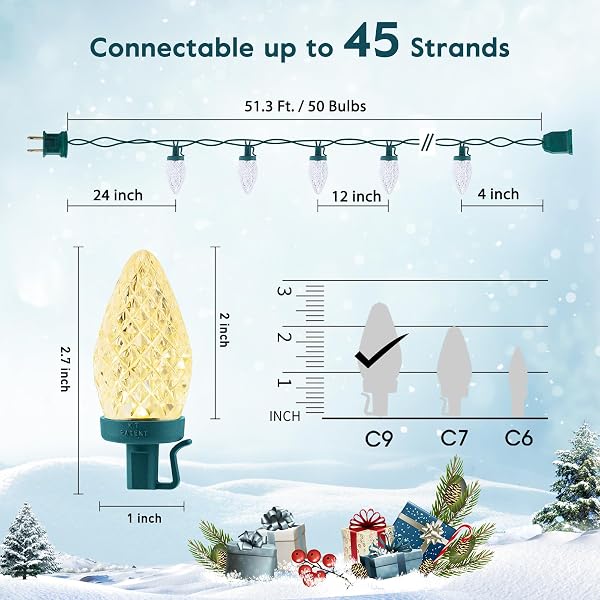 MOONFLOR C9 LED CHRISTMAS LIGHTS OUTDOOR WITH 50 SPRING CLIPS, 50FT 50 LED WATERPROOF STRAWBERRY STRING LIGHTS, COMMERCIAL GRADE EXTENDABLE PERFECT FOR ROOFLINE PATIO HOUSE XMAS DECOR, WARM WHITE