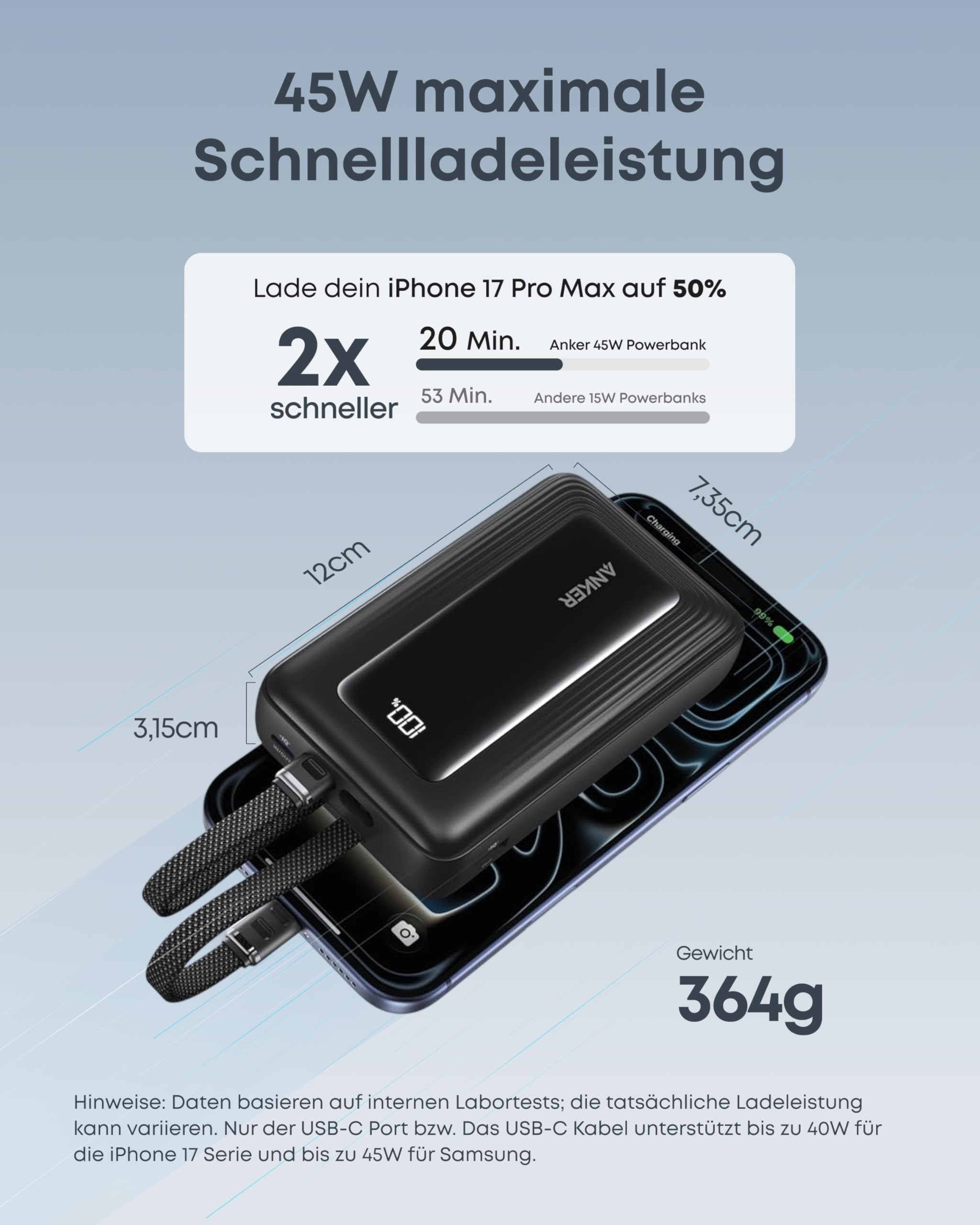 Anker Zolo Powerbank 20000mAh 45W Max, 2 integrierte USB-C Kabel 3