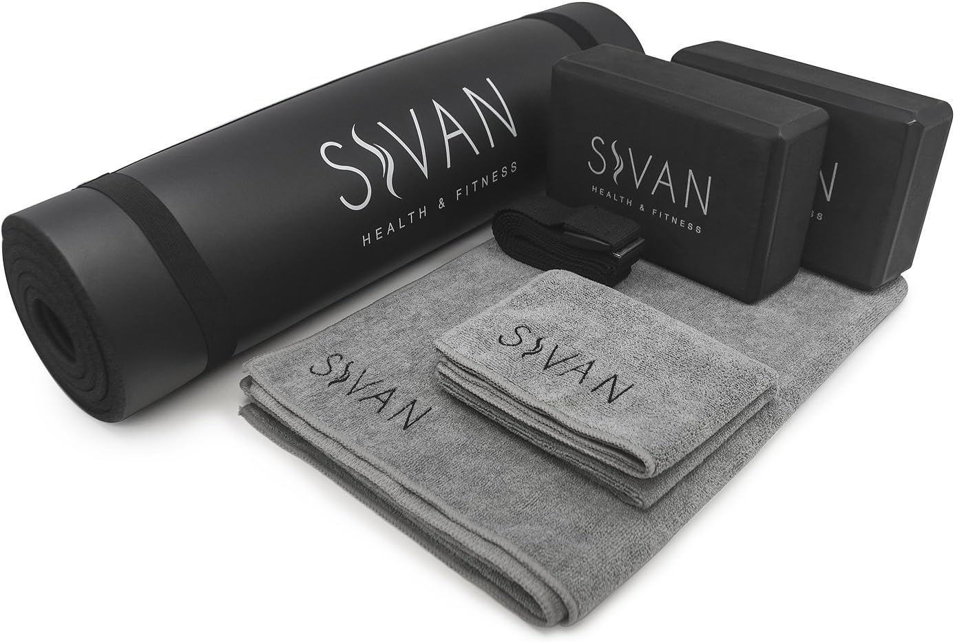 Sivan Health and Fitness Yoga Set 6-Piece– Includes 1/2" Ultra Thick NBR Exercise Mat, 2 Yoga Blocks, 1 Yoga Mat Towel, 1 Yoga Hand Towel and a Yoga Strap