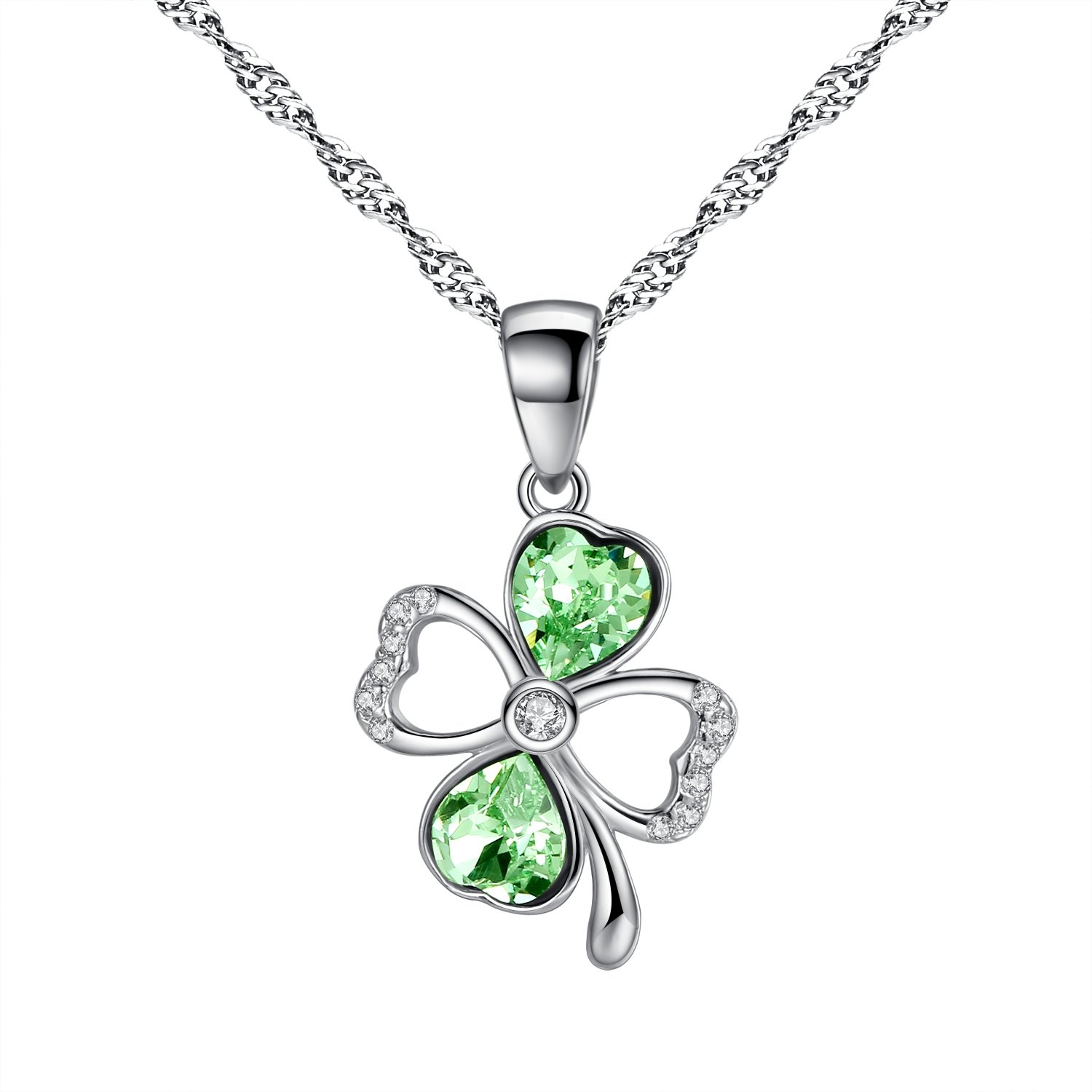 Sterling Silver Green Four Leaf CLover Lucky Symbol Pendant Necklace Cubic Zirconia, Come With Chain And Gift Box