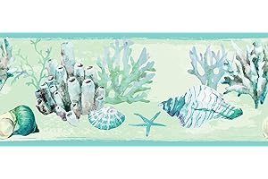 Grace & Gardenia GB10011 Coral and Seashells Peel and Stick Wallpaper Border 10in Height x 15ft Blue Green Designs