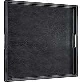 LNFUMS 20 * 20 inches Leather Square Serving Tray with Hole Handles,High-End Light Large Service Tray for Ottoman Tray, Tea, Food, Butler - Countertop, Kitchen,Family Dinner, Picnic (Black)