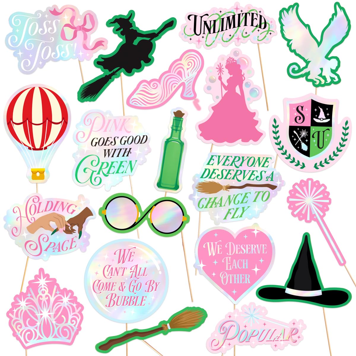 Photo 1 of xo, Fetti Pink + Green Witch Photo Props - 24 Count | Bachelorette Backdrop, Kids Birthday Party Photo Booth, Movie Night Background Decorations