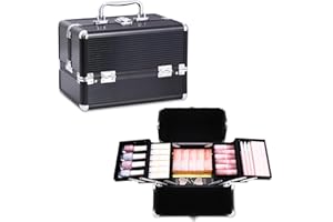 BUANSON Portable Cosmetic Box Makeup Train Case Lockable Makeup Case Organizer 4 Trays Makeup Storage with Mirror Locking for Makeup Storage Box 6.69"x6.69"x9.84" (Black)