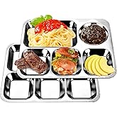 ICSTM Stainless Steel Divided Plates,2 Pack Stainless Steel Rectangular Divided Plates Tray, 5 Sections Dinner Plates for Adults,Picky Eaters, Campers, and Portion Control (2, 12")