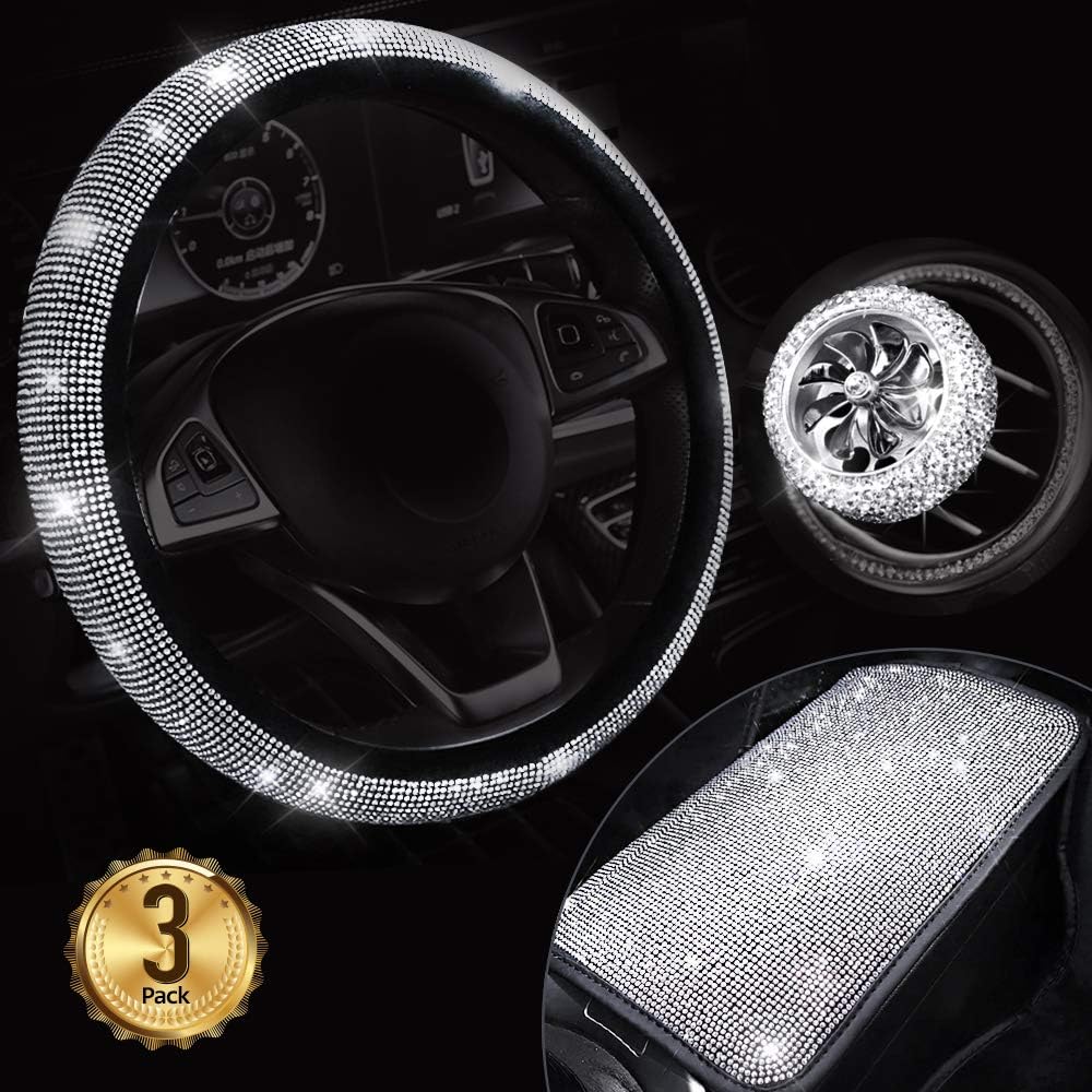 3 PCS Bling Car Accessories Set, 15Inch Bling Car Steering