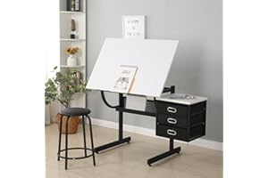 LOPOO Adjustable Large Desktop-Modern Metal Drawing Desk 0-75° Tiltable Tabletop Artist Storage for Reading, Writing, Crafting, Painting Art, Drafting Table with Stool and 3 Slide Drawers, White+Black