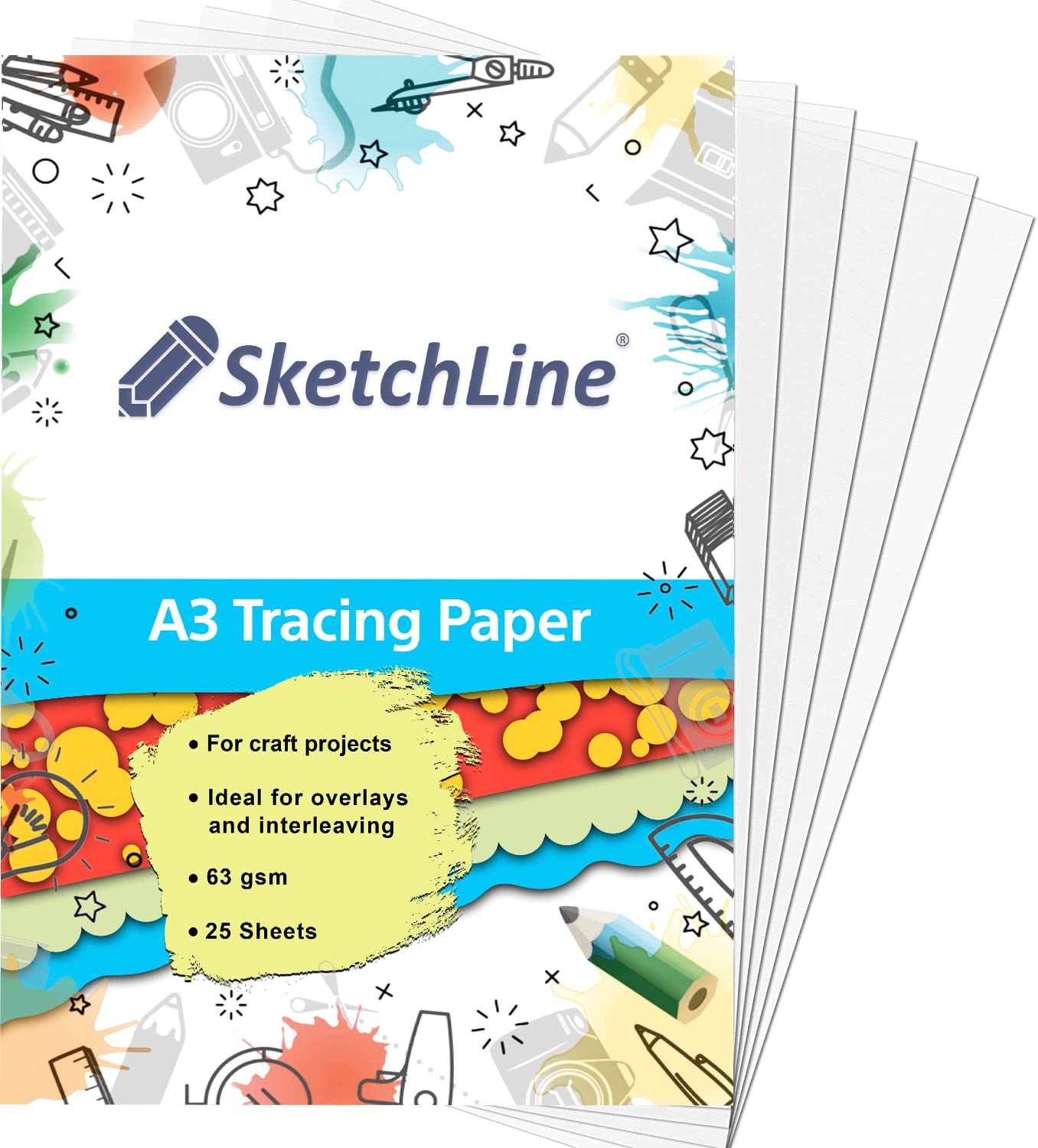 SketchLine Tracing Paper A3 Size 25 Sheets (63gsm) with High Transparency & Optimum Thickness for Drawing, Sketching & Dressmaking