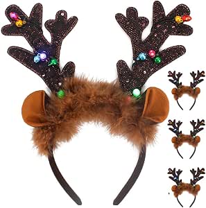 Pack De 4 Diademas Navideñas Con Luces LED Y Motivos De Reno, Gorro Y Cuerno, Para Niños Y Adultos, Rojas Y Verdes