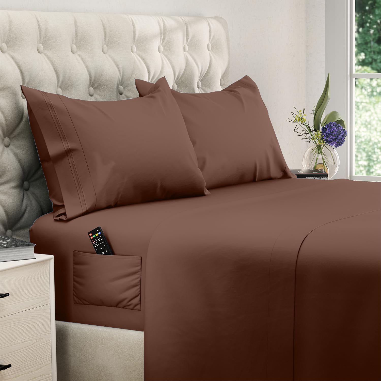 DREAMCARE Twin XL Sheets Set - 4 Pcs Cooling Bed Sheets with Up to 15" Deep Pockets - Soft, Long-Lasting 100% Brushed Polyester with Side Pocket (Mocha Brown) Image